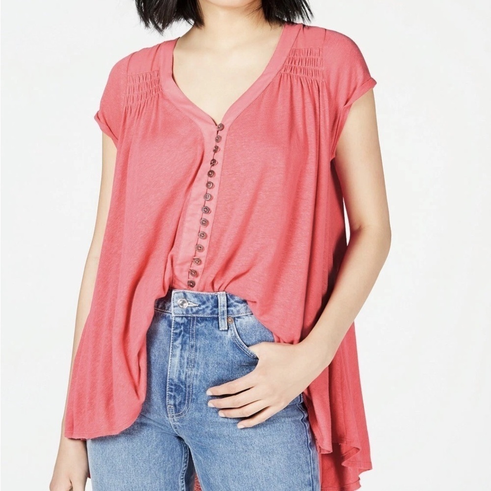 Women's Coral Button-Front V-Neck Top